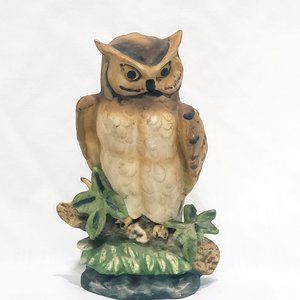 Vintage Owl sitting on Branch Figurine 6" Brown Green Ceramic Damaged
